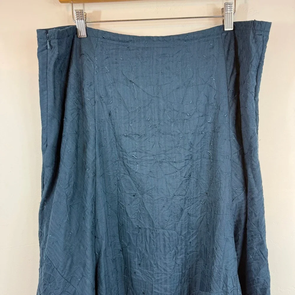 J.Jill Embroidered Maxi Skirt 16 Tall Blue Cotton Linen Boho Lagenlook Cottage
